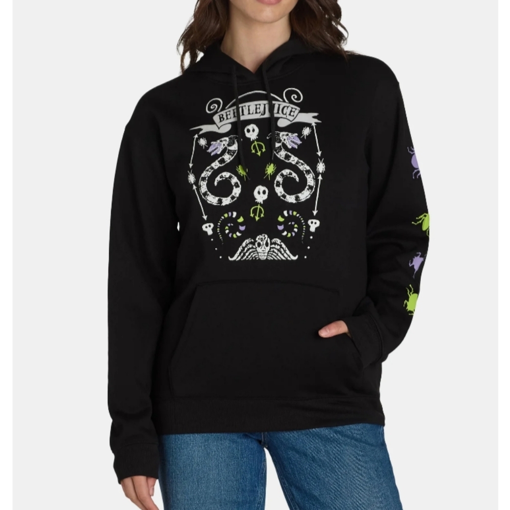 Beetlejuice Women’s Size XS (0-2) Graphic Print Hoodie Black w/Front Pocket NWT